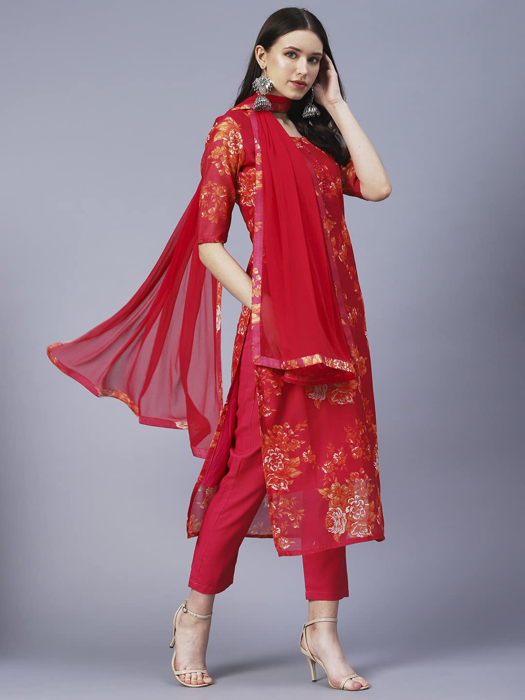 ANNI DESIGNER Womens Chanderi Cotton Printed Straight Kurta with Pant & Dupatta (AUX-Orange_XXL_Pink_XX-Large)