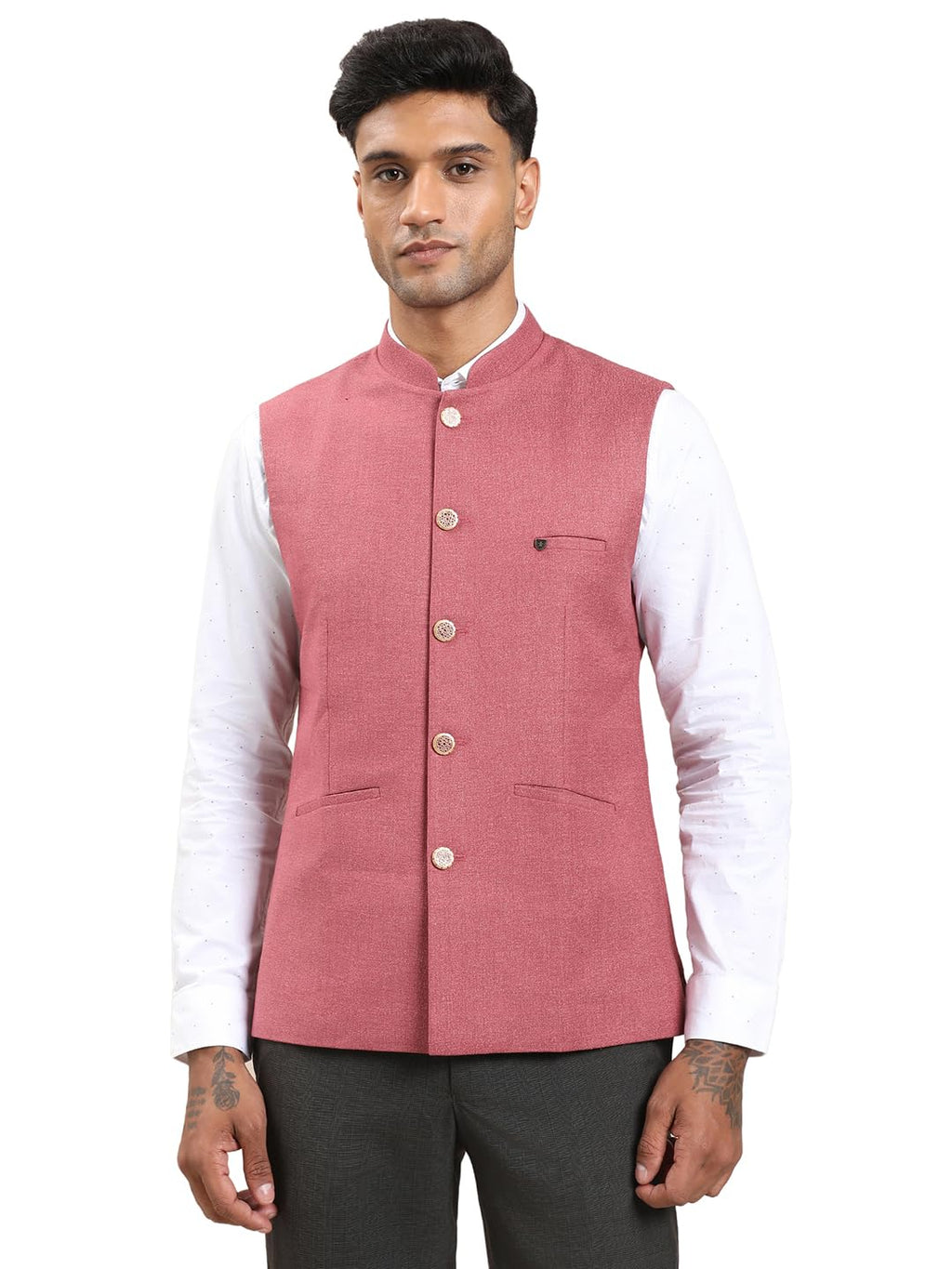 Turtle Men Pure Cotton Self Design Slim Fit Pink Nehru Jacket