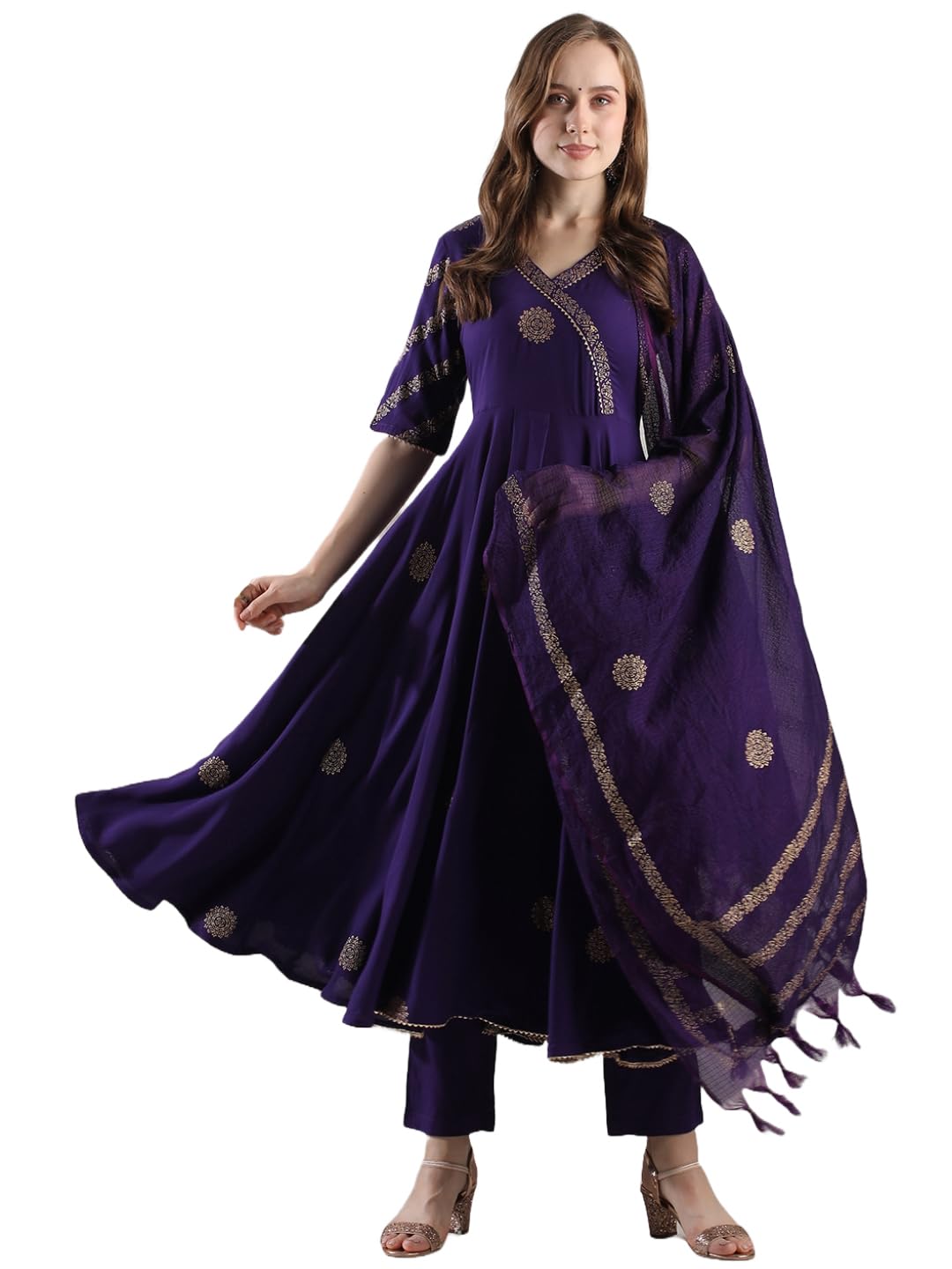 ANNI DESIGNER Womens Rayon Blend Anarkali Printed Kurta with Pant & Dupatta (Berlin BEGANI-VKS05_S_Begani_Small)