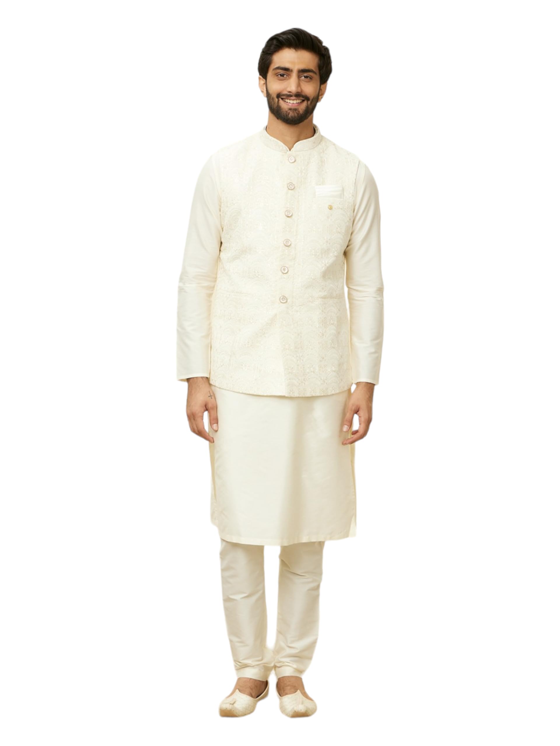 Manyavar Mens Cream Velvet Self Design Jackets
