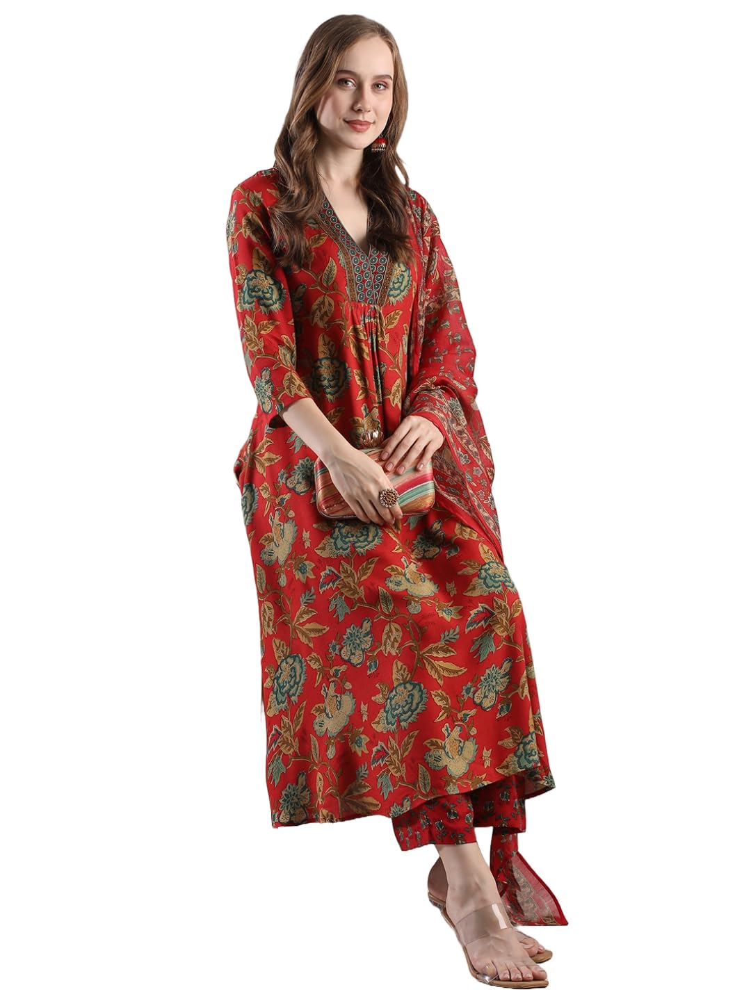 ANNI DESIGNER Women s Palazzo and Dupatta Rayon Blend Kurta, Red, 48