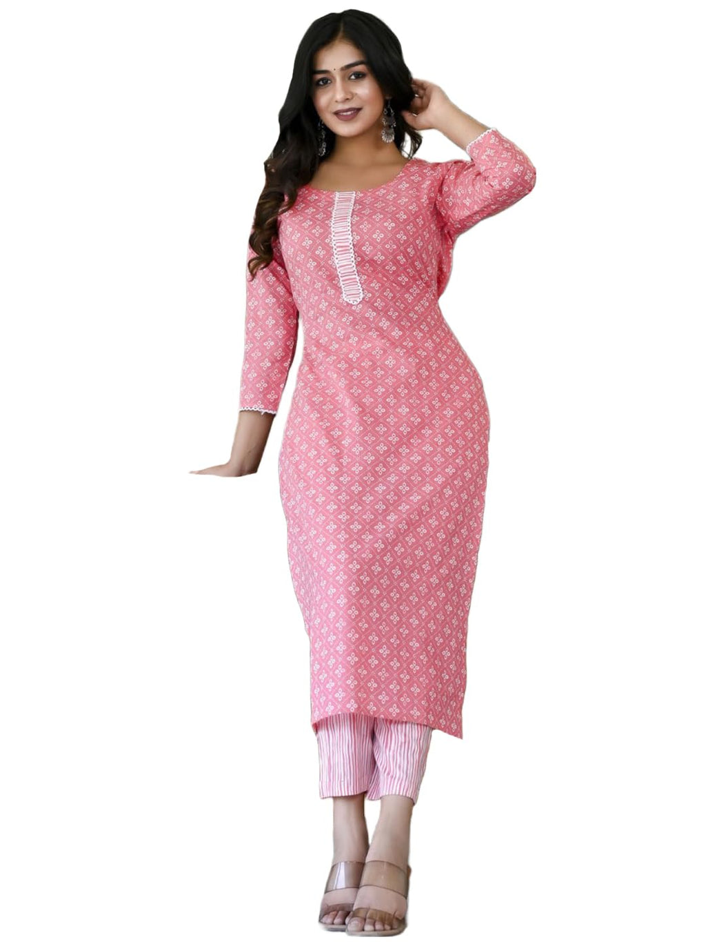 Gosriki Women'S Cotton Blend Straight Printed Kurta With Pant (Tai Pink-2Nw-Gs_3Xl_Pink_Xxx-Large)