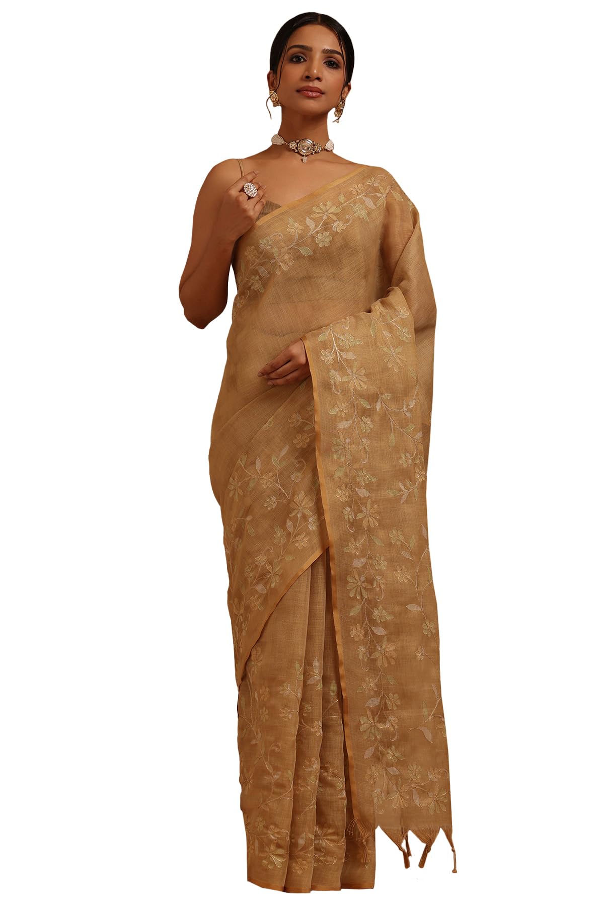 Soch Women Linen Floral Printed Saree with Zari