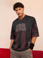 The Souled Store Looney Tunes: Daffy Men and Boys Short Sleeves V Neck Black and Brown Graphic Printed Polyester Oversized Jerse