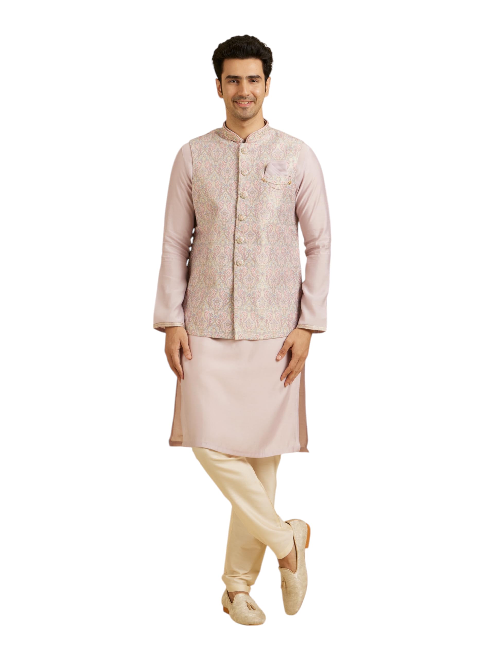 Manyavar MenS Brocade Intricate Floral Print Kurta Jacket Set (Pink,S)