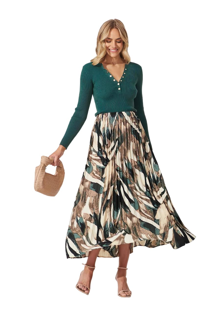 Kzully | Printed Pleated Long Skirt Versatile Elegance For Every Occasion Olive