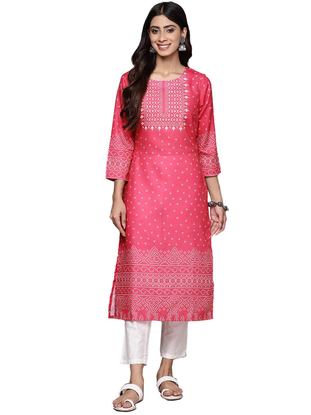 Ishin Women'S Silk Ethnic Motifs Fuchsia Straight Kurta