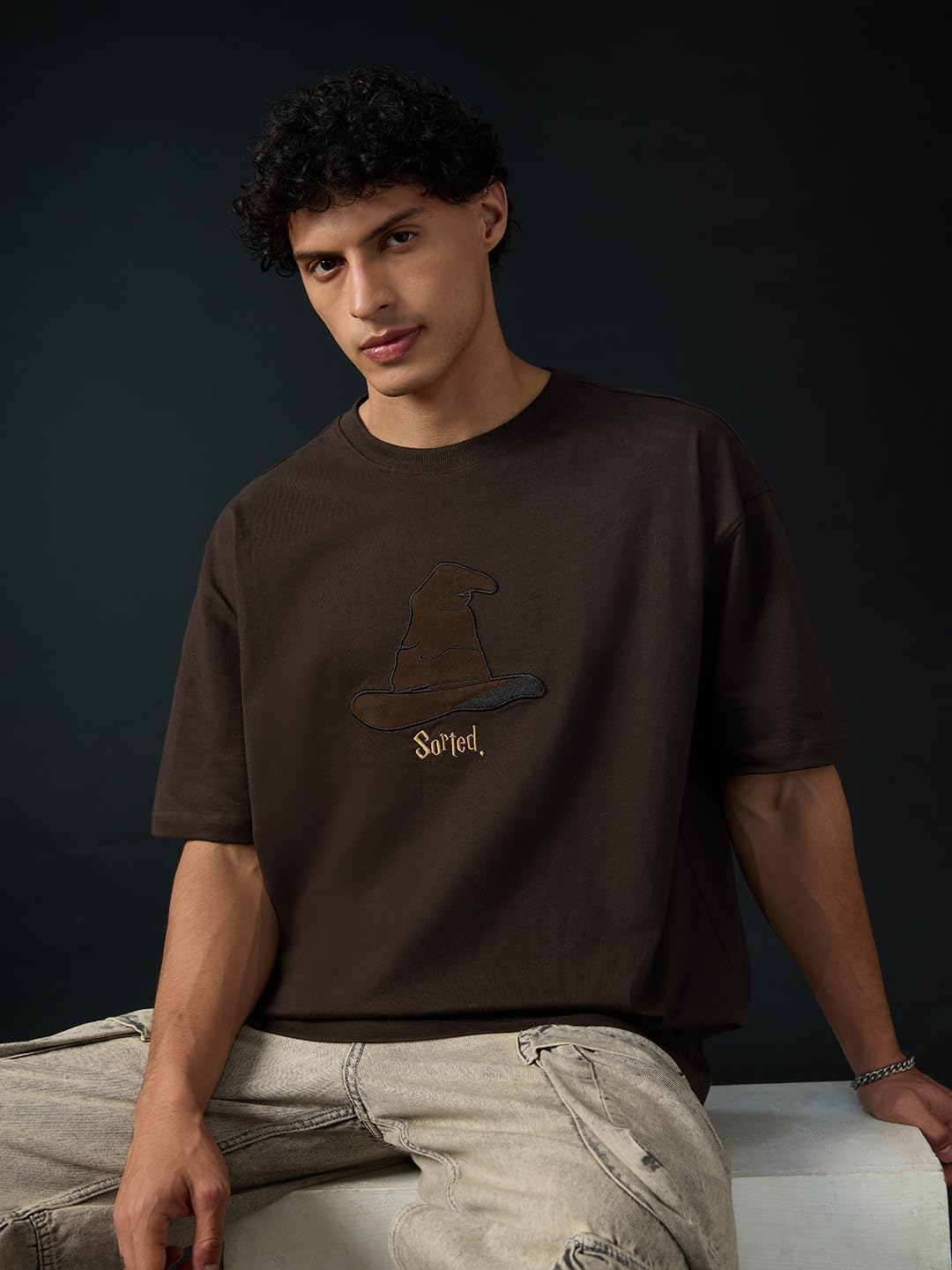 The Souled Store Harry Potter: Sorted Men and Boys Short Sleeves Round Neck Brown Embellished Cotton Oversized T-Shirts