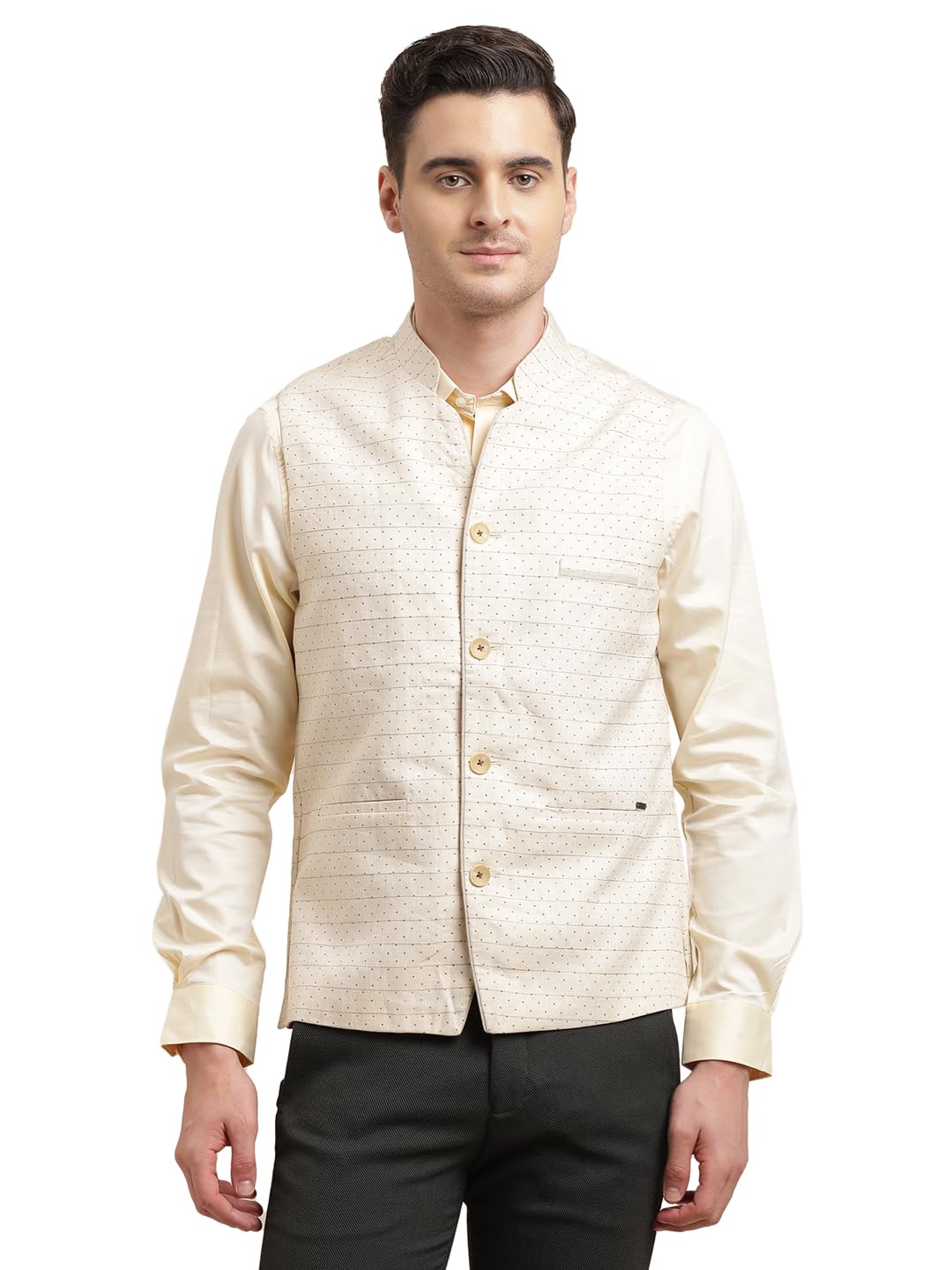Turtle Men Pure Linen Beige Self Design Nehru Jacket