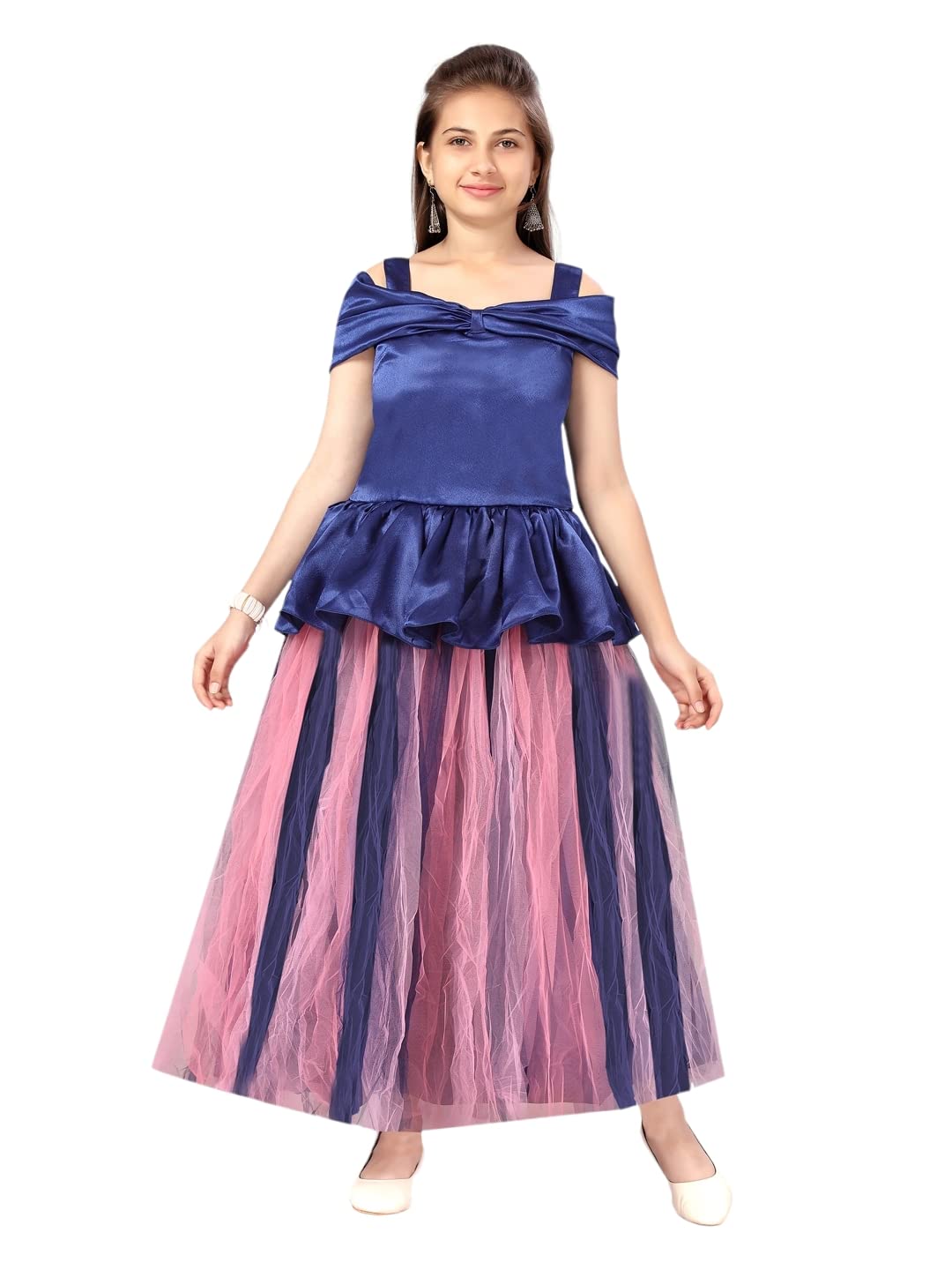 Aarika Girls Silk A-Line Floor Length Dress (G-3001_Blue_32)