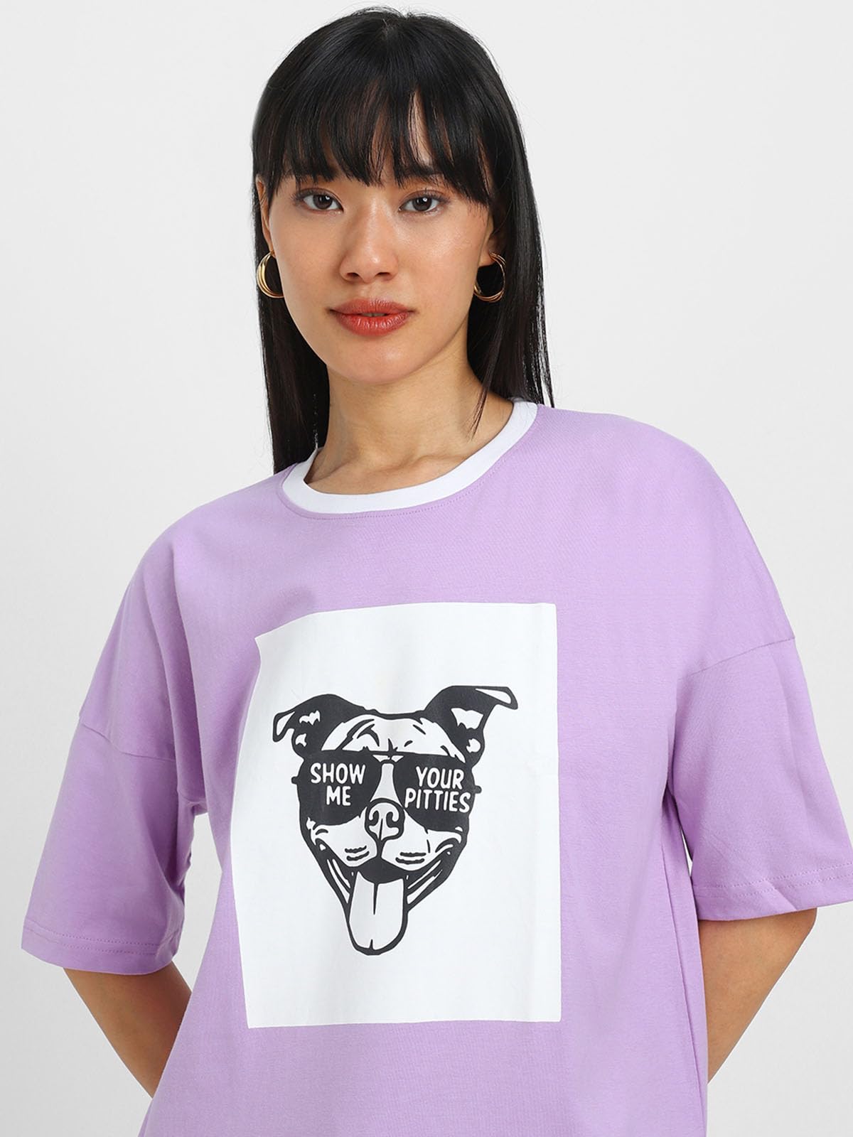 Juneberry Lavender Cotton Round-Neck T-Shirt With Chest Print For Women
