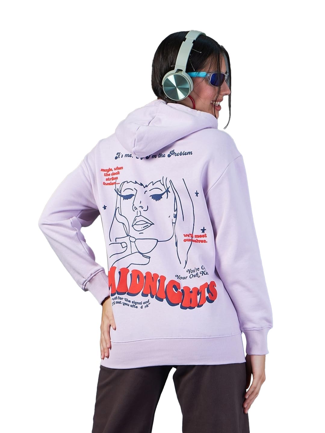 Bewakoof Womens Graphic Print Oversized Fit Full Sleeve Hooded Polycotton Hoodies_626025_Purple_L