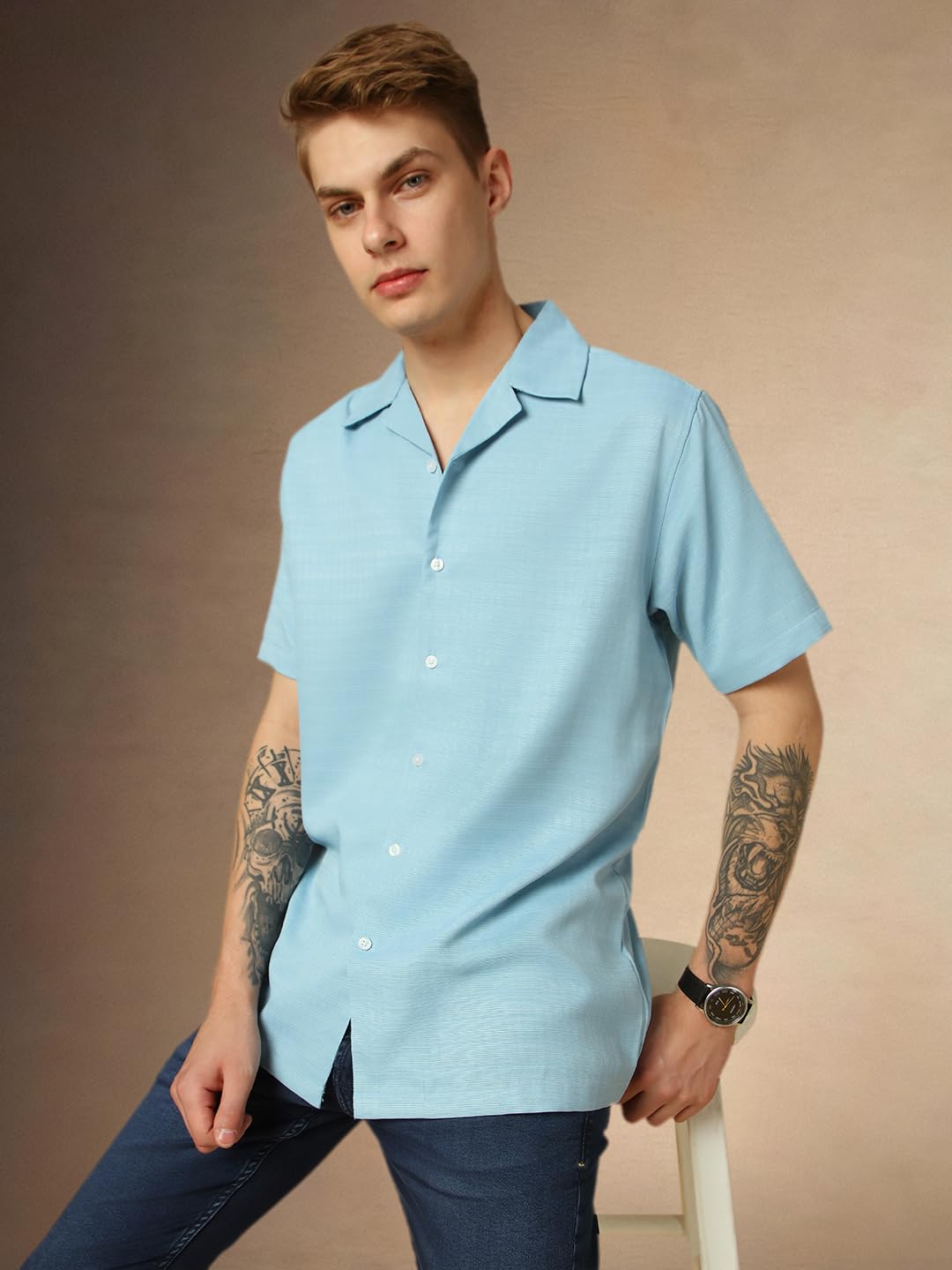 Dennis Lingo MenS Blue Half Sleeves Cuban Collar Solid Textured Relaxed Fit Casual Shirt