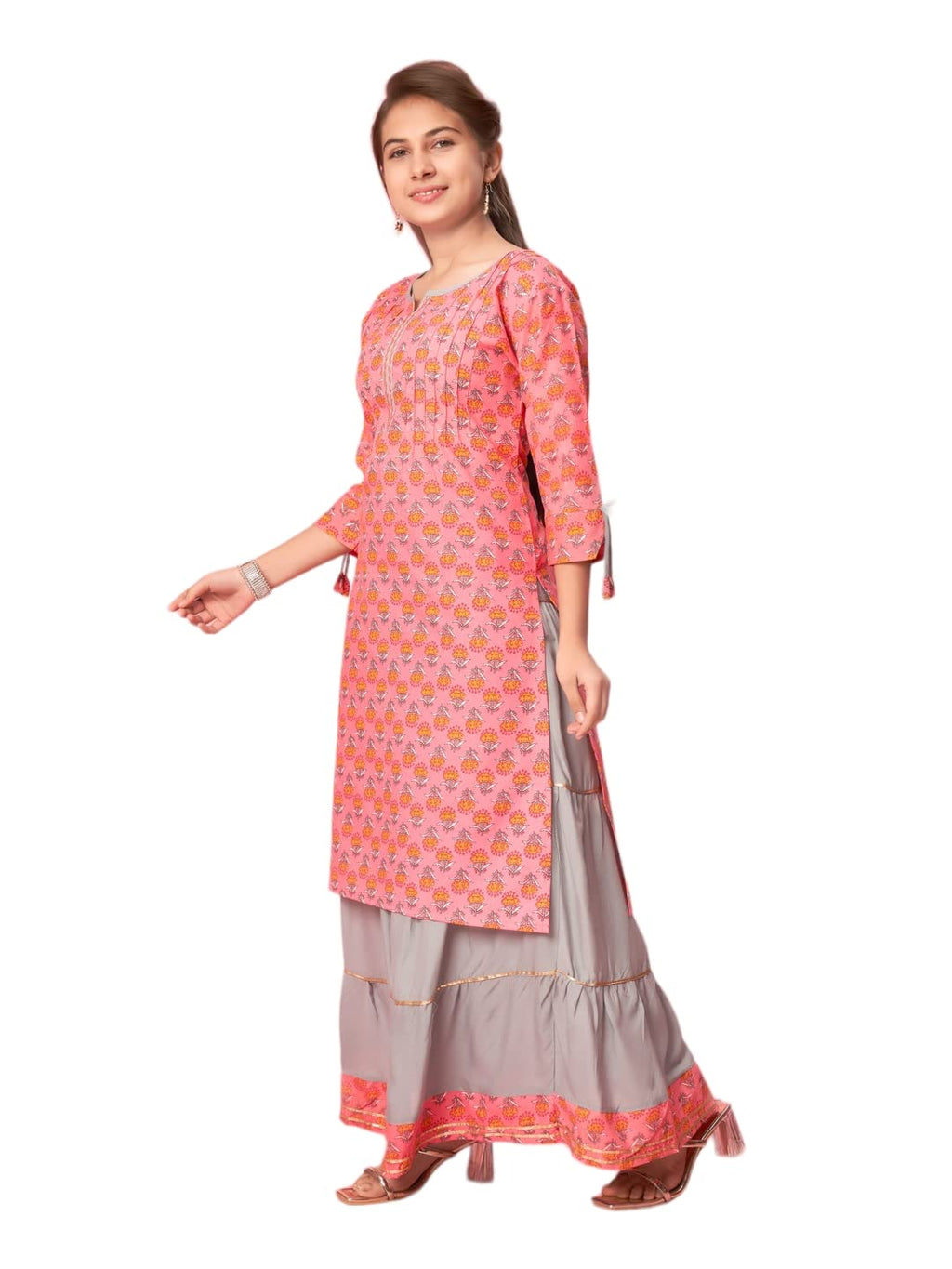 Aarika Girls Gajri-Grey Colour Cotton Printed Kurti Skirt Set