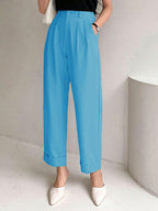 Kotty WomenS Cotton Blend Cross Pocket Solid Trousers Blue