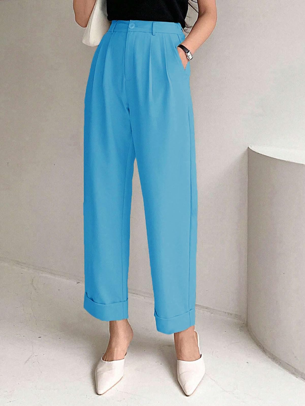 Kotty WomenS Cotton Blend Cross Pocket Solid Trousers Blue