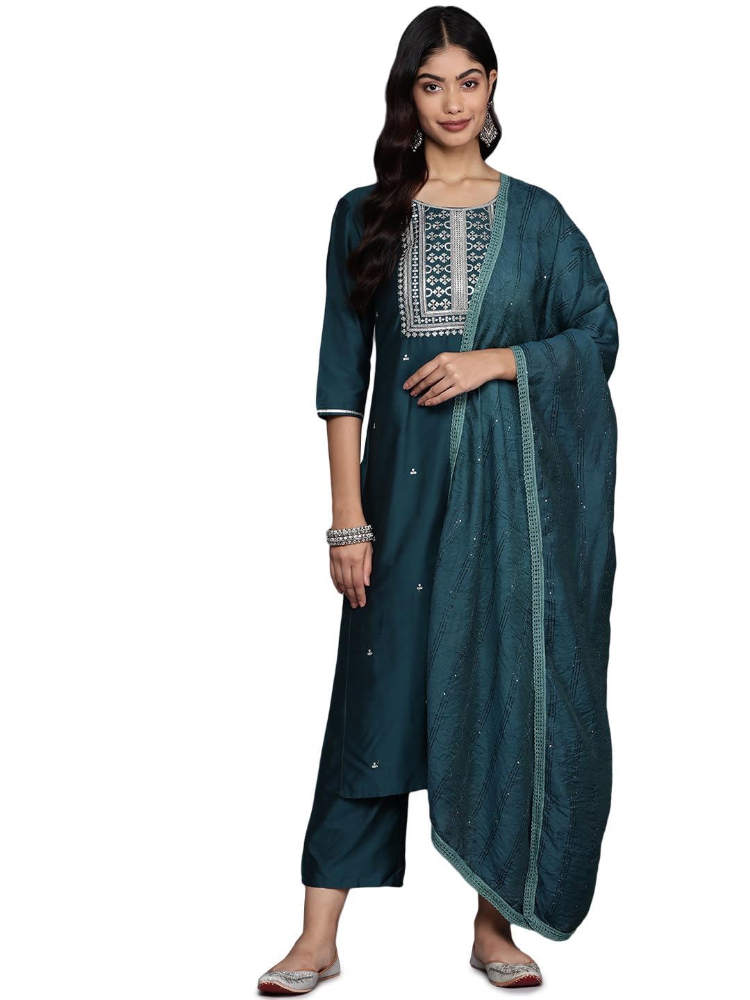 Gerua By Libas Womens Yoke Design Silk Blend Straight Kurta With Trousers And Dupatta