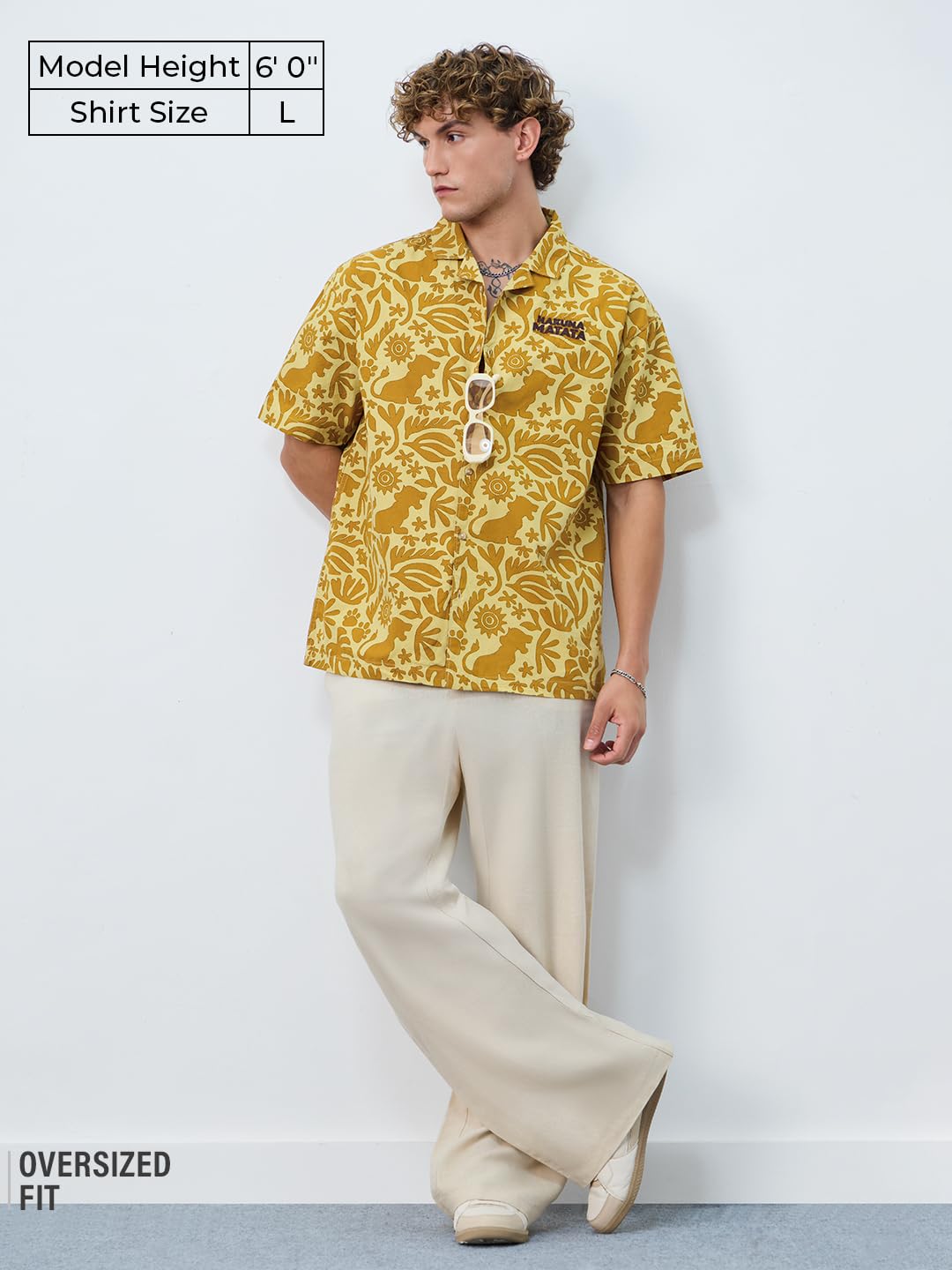 The Souled Store Lion King: Hakuna Vibes Men and Boys Short Sleeves Collared Neck Button Front Yellow All Over Printed Oversized