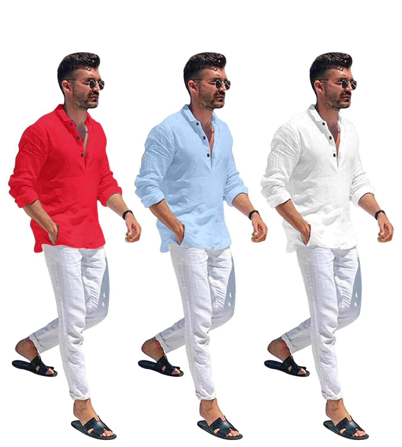 Bellstone Mens Cotton Blend Solid Regular Dress Shirt (KURTA1600_Triple_RED-Sky-White_L)