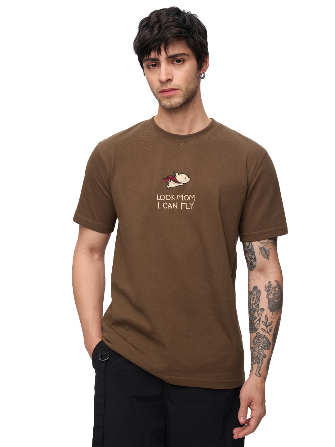 The Souled Store Fly Men and Boys Short Sleeves Round Neck Brown Embroidered Regular Fit Cotton T-Shirts
