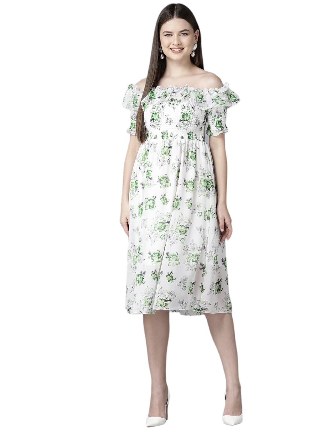 Aarika Womens White-Green Colour Georgette Floral Print Middi (MD-W-083-WHITE-GREEN-XXL)