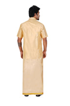 PRAKASAM COTTON-Mens Art Silk Tissue Wedding Set/Art Silk Tissue 8 Mulam (8-Yard) Dhoti and Stitched Half Sleeve Shirt