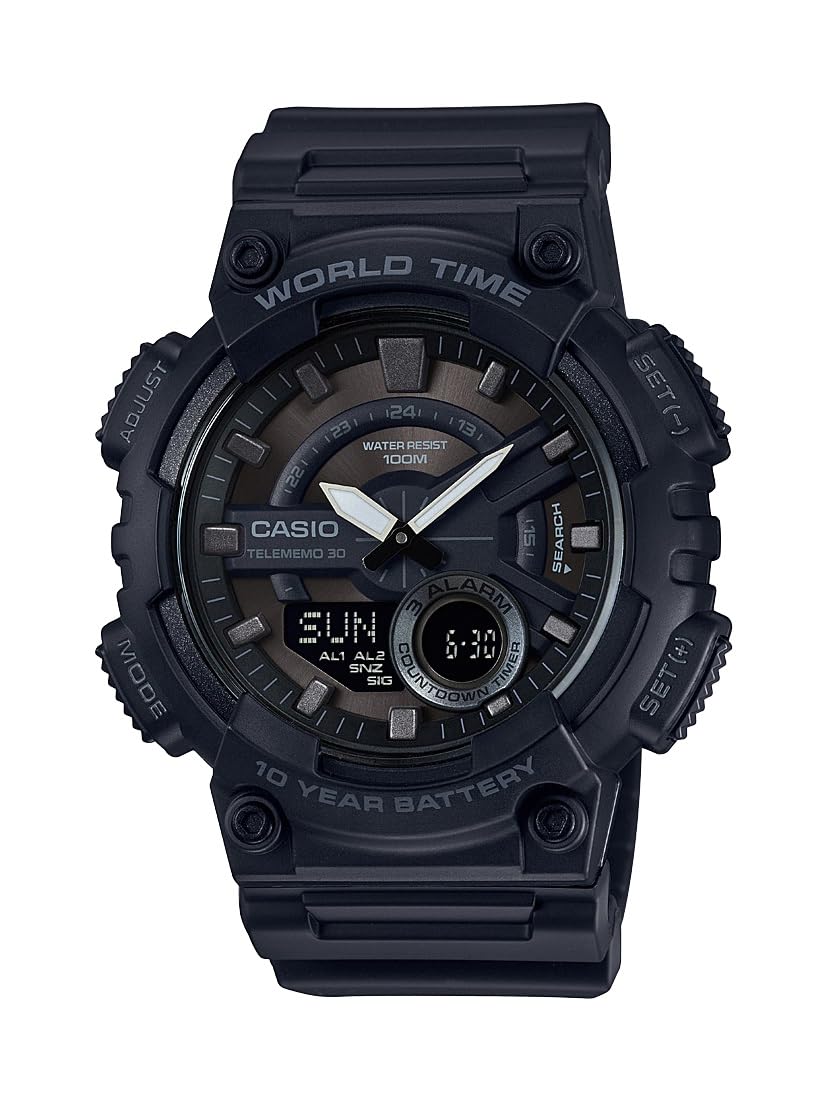 Casio AEQ110BW Series | Mens Analog-Digital Watch | Black/Black | 100M WR | Multi Alarms | 100 SEC Stopwatch | Countdown Timer |