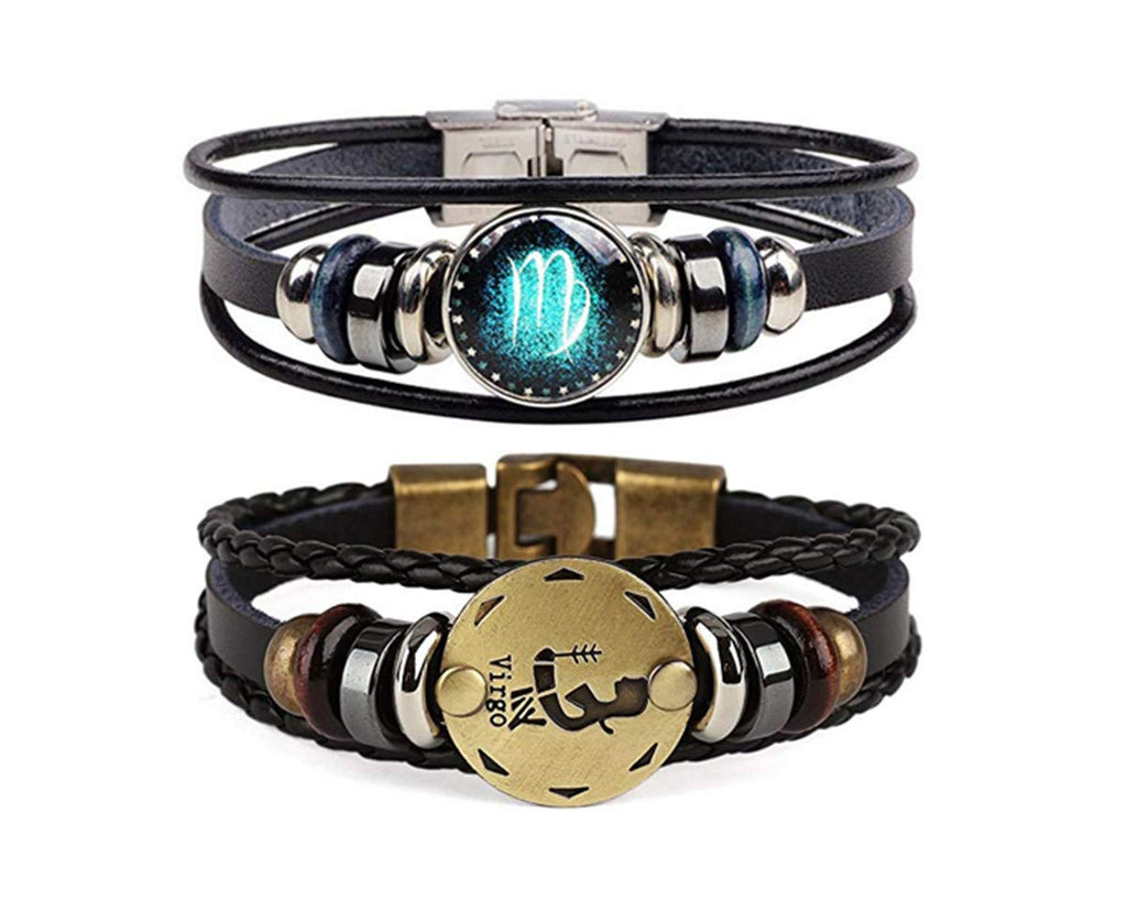 Dcfywl731 2Pcs Virgo Zodiac Bracelets for Women 12 Constellations Multilayer Leather Bracelet Handmade Woven Zodiac Sign Wrap Wr