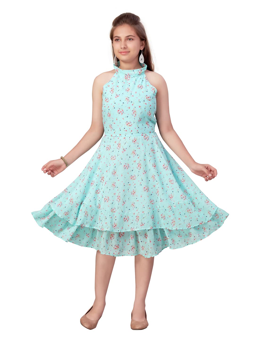 Aarika Girls Georgette Skater Knee-Length Dress (MD-A-22550_Firozi