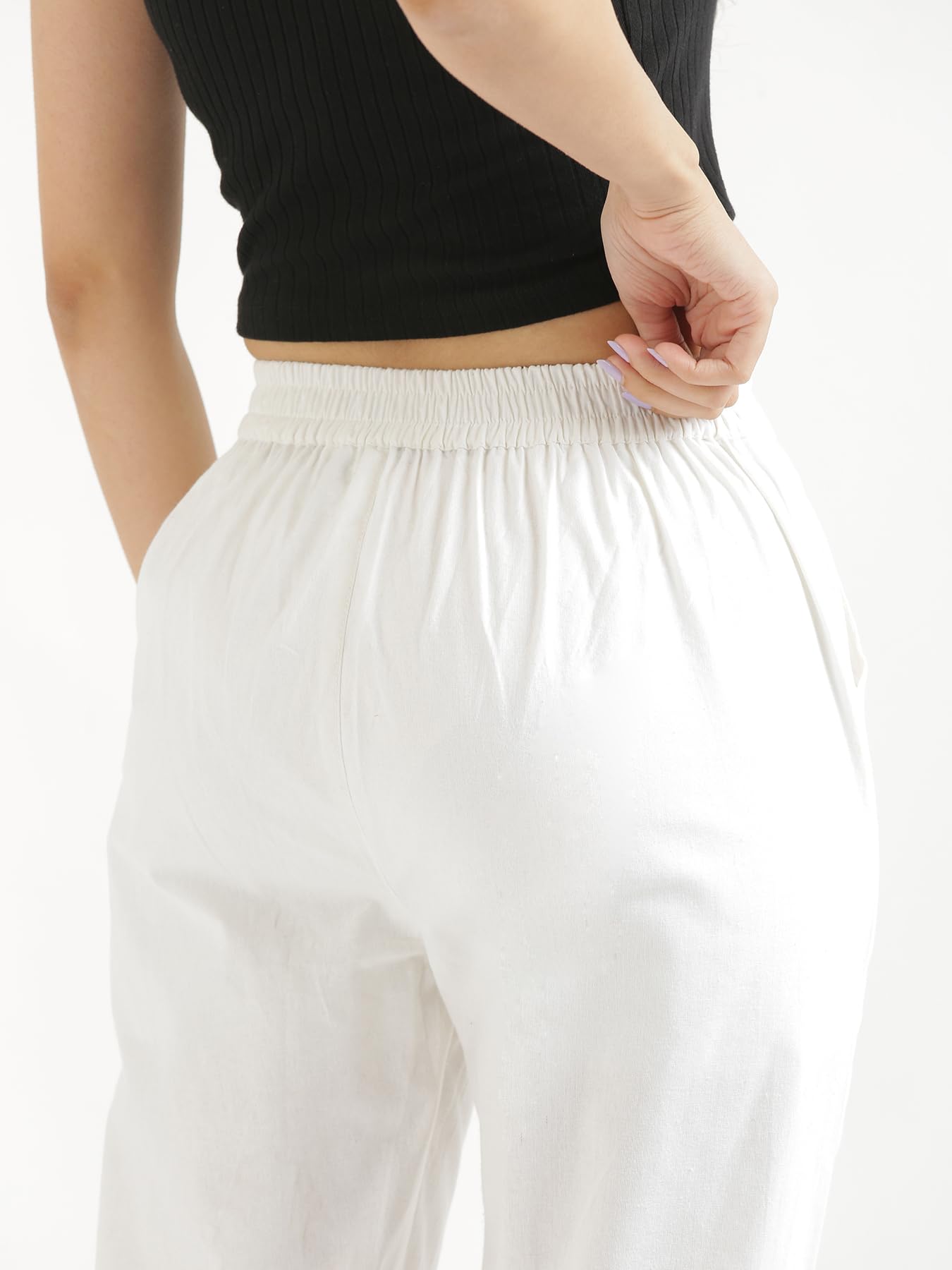 Digital Shopee Women Regular Fit Elastic Waist Full Length Cotton Formal Trouser For Casual Wear, Office Wear White