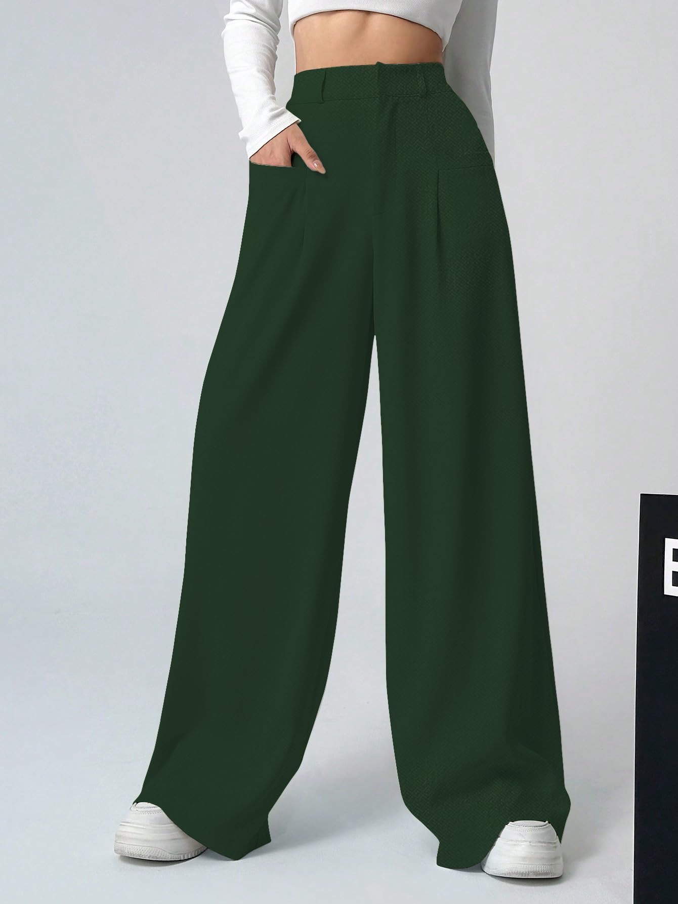 Shasmi Women & Girls Solid Green Color Loose Fit, Pleated Trousers, Wide Leg Pocket Casual Long Korean Trousers Pant (Pant 146 G