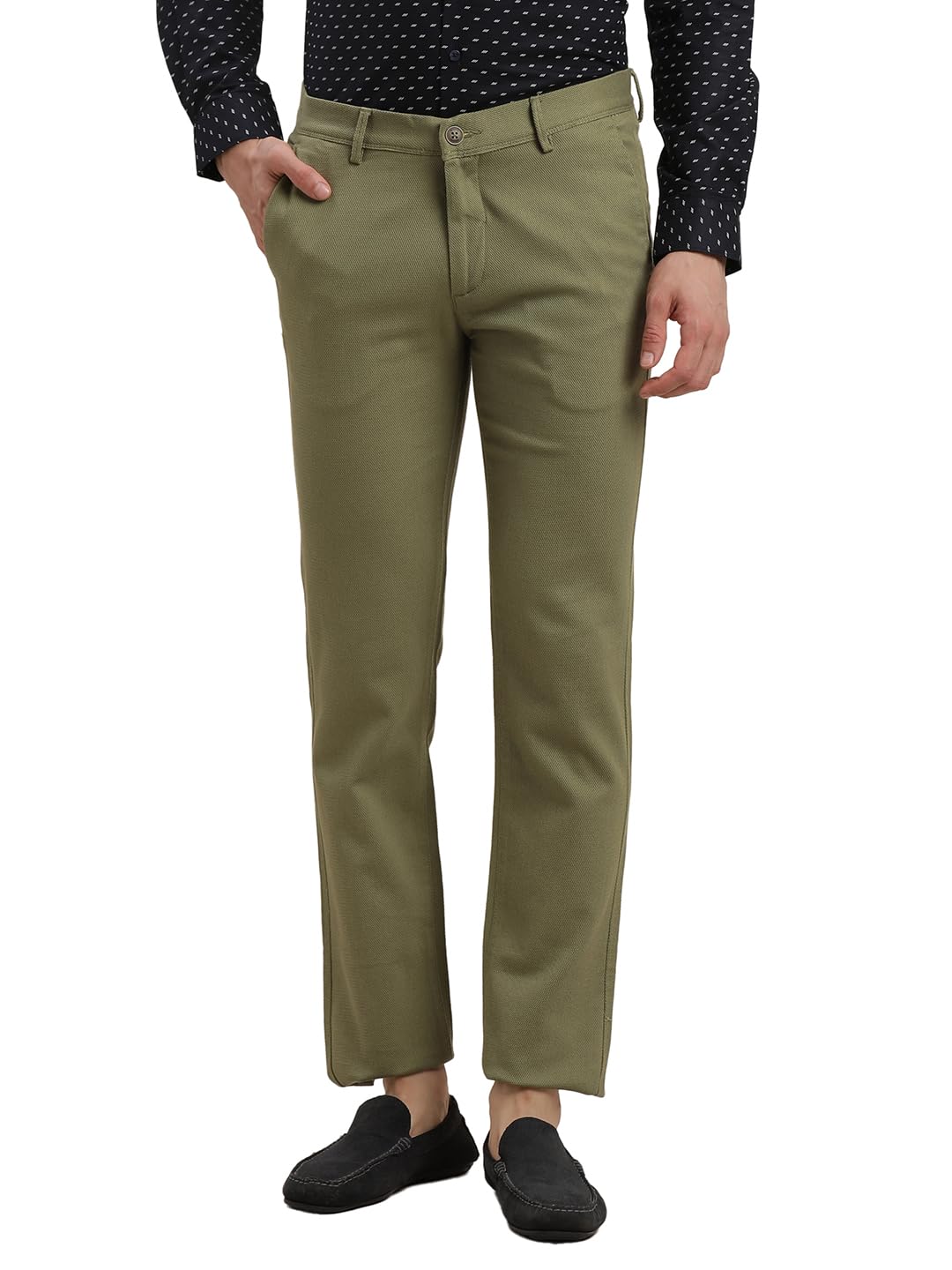 Turtle Men Cotton Stretch Dobby Print Ultra Slim Fit Olive Casual Trouser