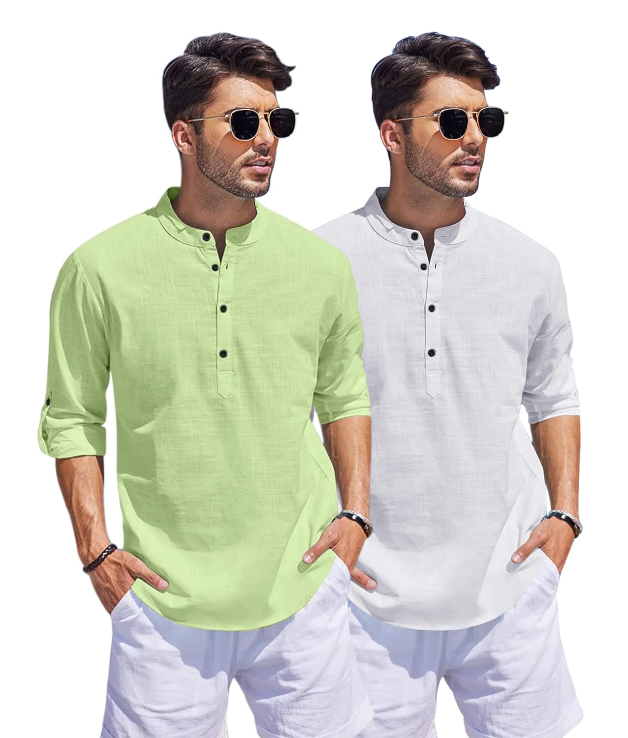 Hemrin Combo Of Men Solid Cotton Blend Straight Kurta Shirt Pack Of 2