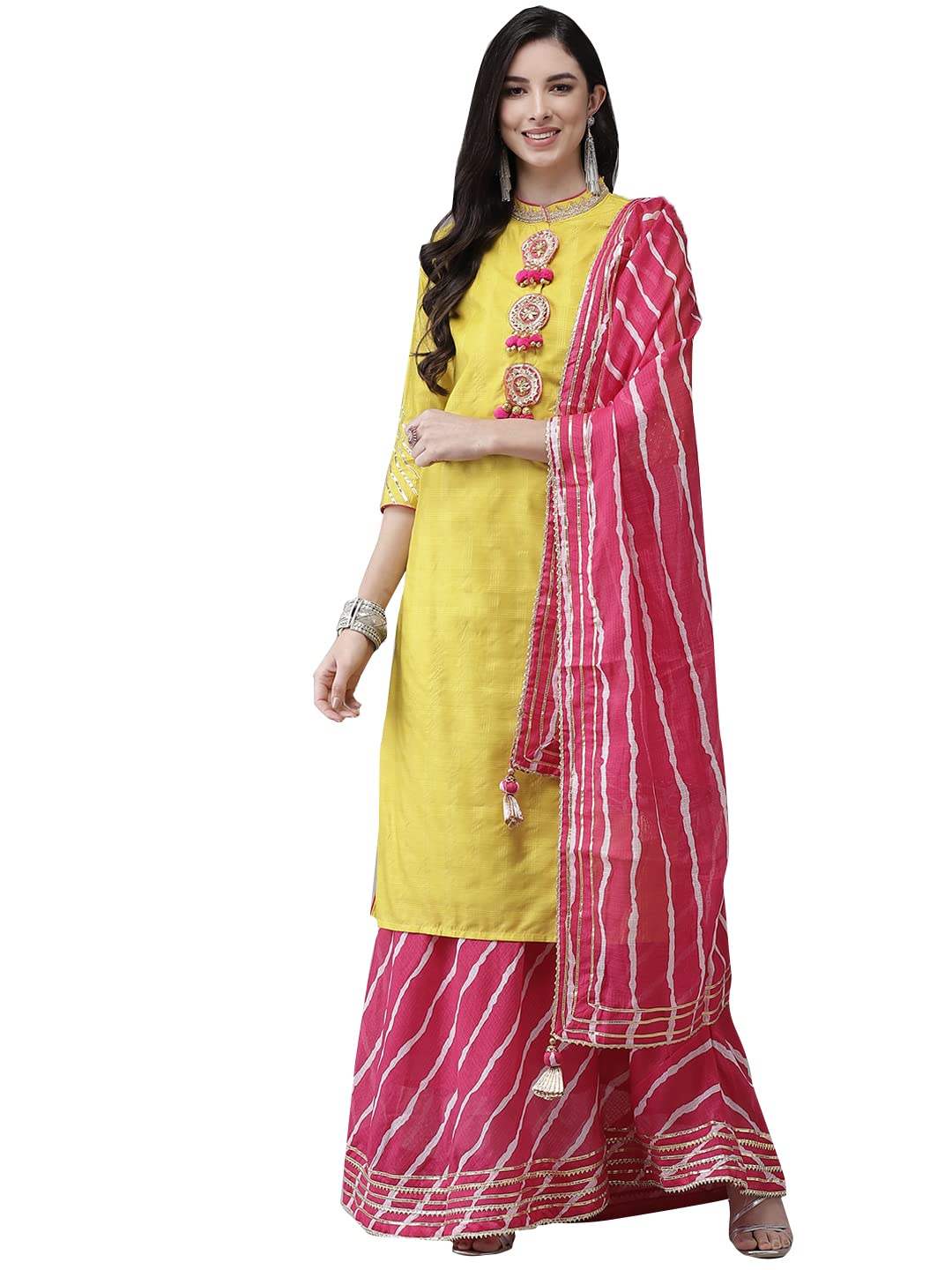 Ishin Women'S Yellow & Pink Gotta Patti Embroidered A-Line Kurta Set With Skirt And Dupatta