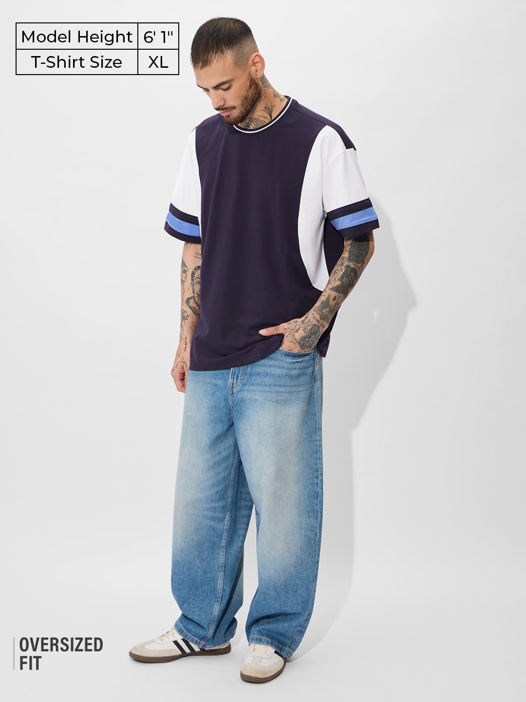The Souled Store Solids: Deep Navy Oversized T-Shirt for Men Boys Cotton Casual Half Sleeves Baggy Loose Fit Drop Shoulder Round