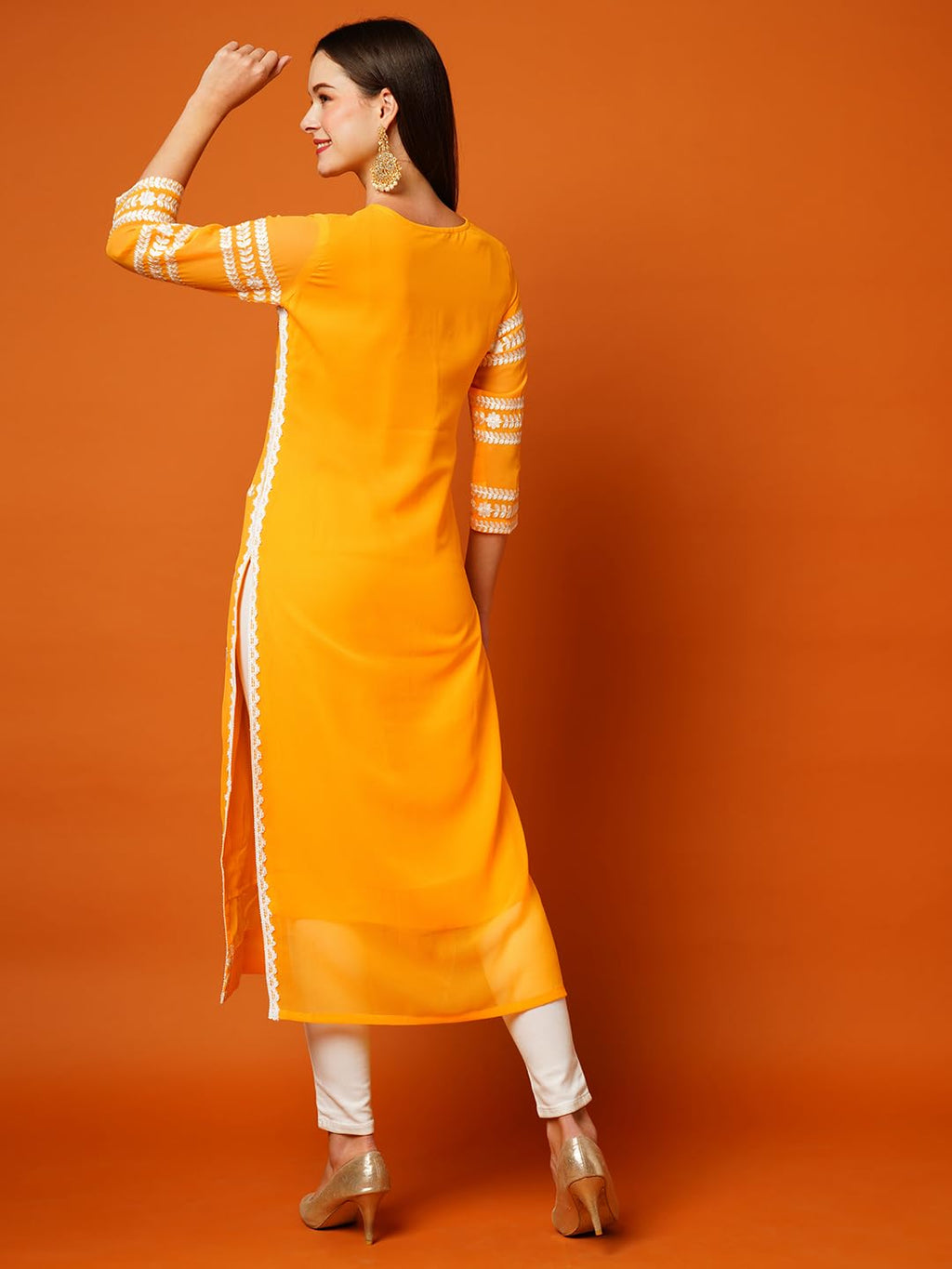 Anni Designer WomenS Cotton Blend Straight Chikankari Embroidered Kurta (Stho-Mustard_S_Mustard_Small)