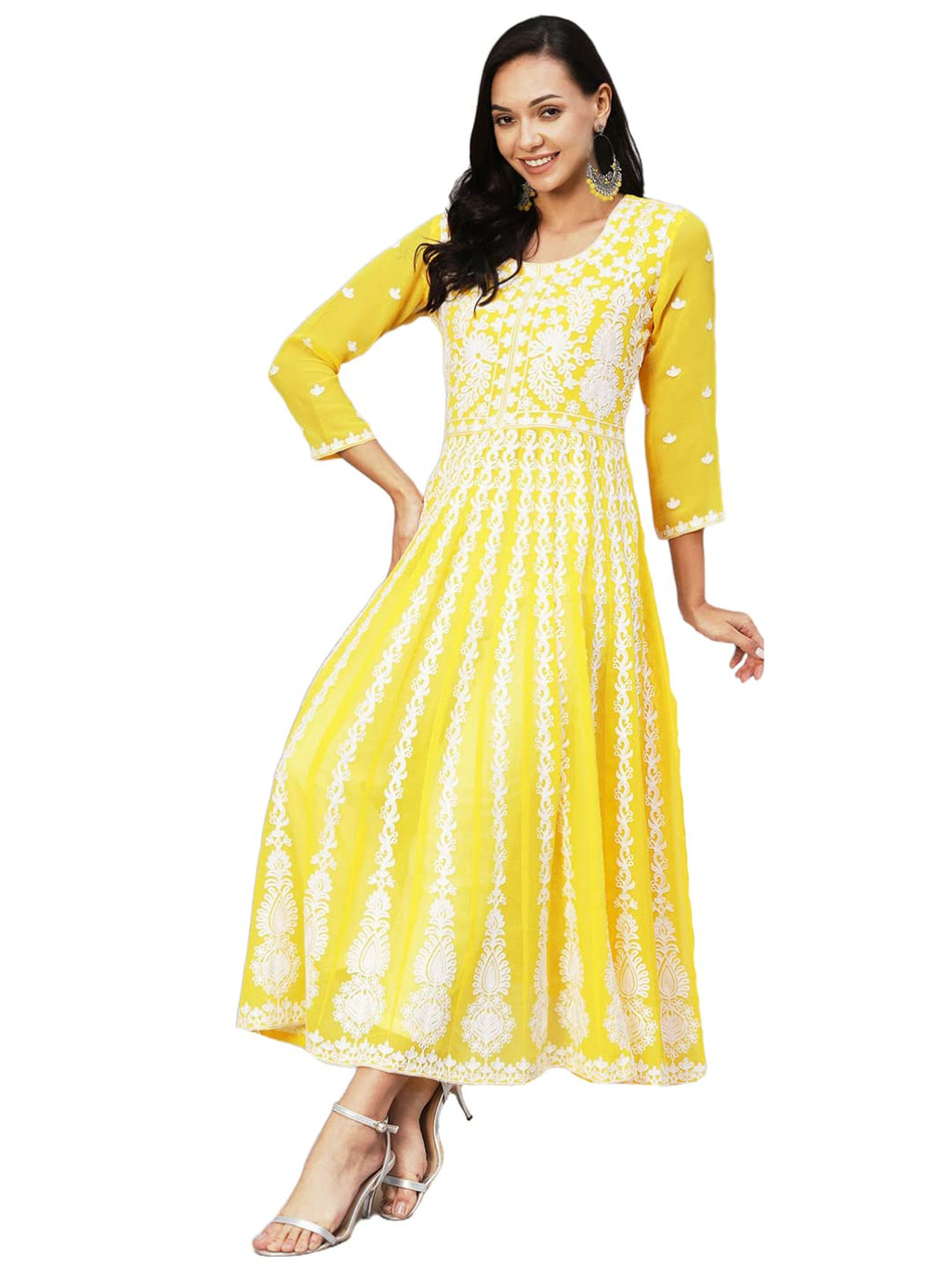 ANNI DESIGNER Womens Georgette Chikankari Embroidered Anarkali Kurti (Kari Yellow-Nw1_L_Yellow_Large)
