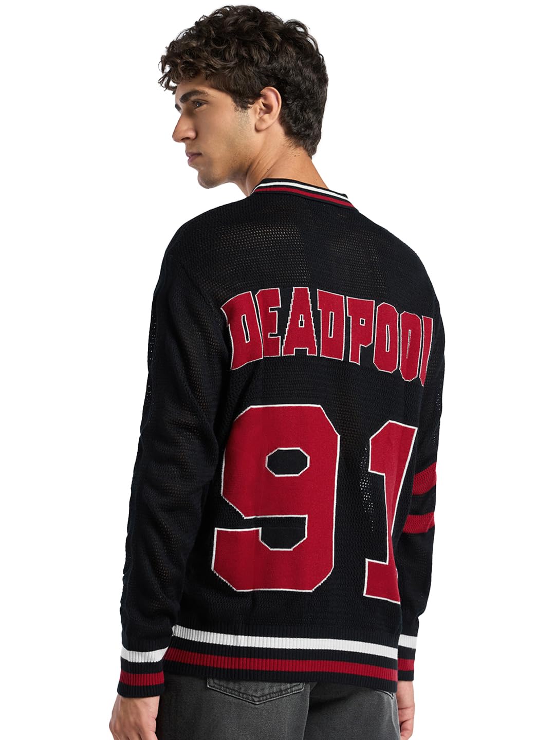 Bewakoof Air 1.0 Official Marvel Merchandise Deadpool Mens Typography Oversized Fit Full Sleeve Polo Neck Cotton Sweater_644526