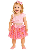 A.T.U.N. (ALL THINGS UBER NICE) Baby Girls One Shoulder Crop Top with Printed Skirt & Matching Headband | 3 Piece Outfit Set