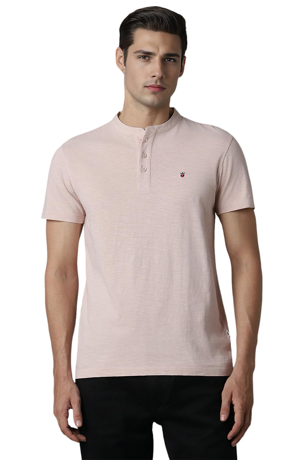 Louis Philippe Men Pink Textured Henley Neck T-Shirt
