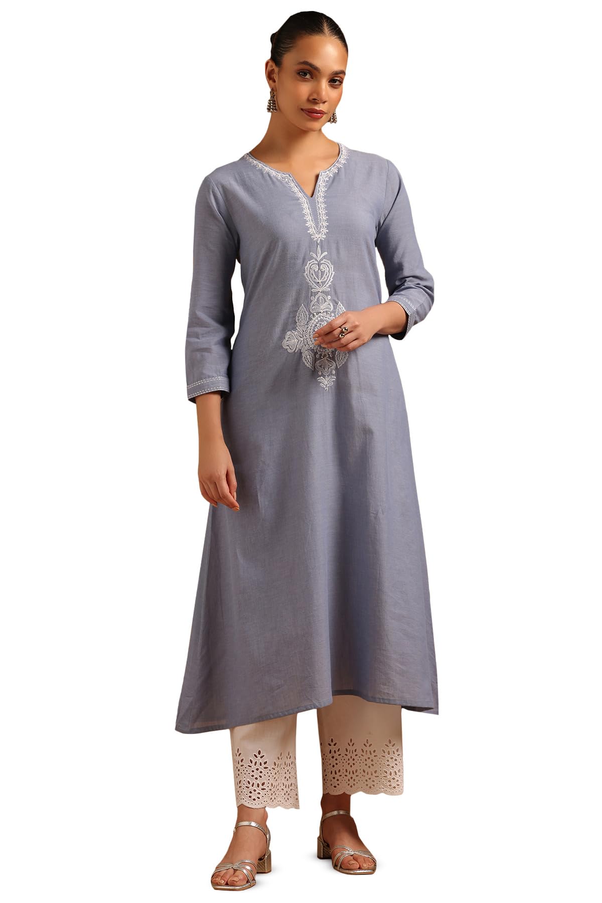 Soch Women Chambray Ethnic Motifs Kurta with Hand Embroidery and Pearl Details