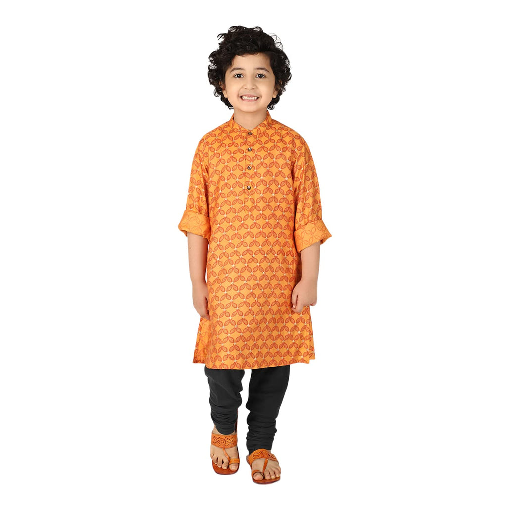 Fabindia Boy'S Viscose Silk Printed Regular Kurta_Orange_2-3 Year