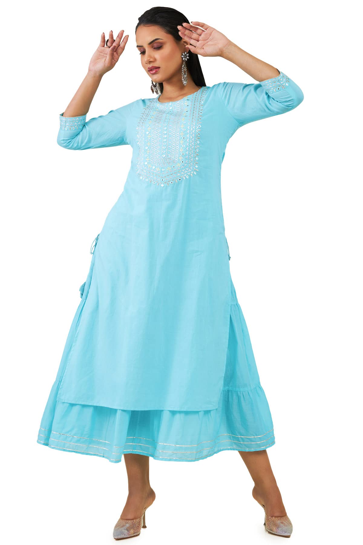 Soch Women Turquoise Cotton Embroidered Dress Kurta(8907715935899_Turquoise_Small)