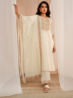 Libas Off White Embroidered Cotton Straight Kurta With Trousers & Dupatta
