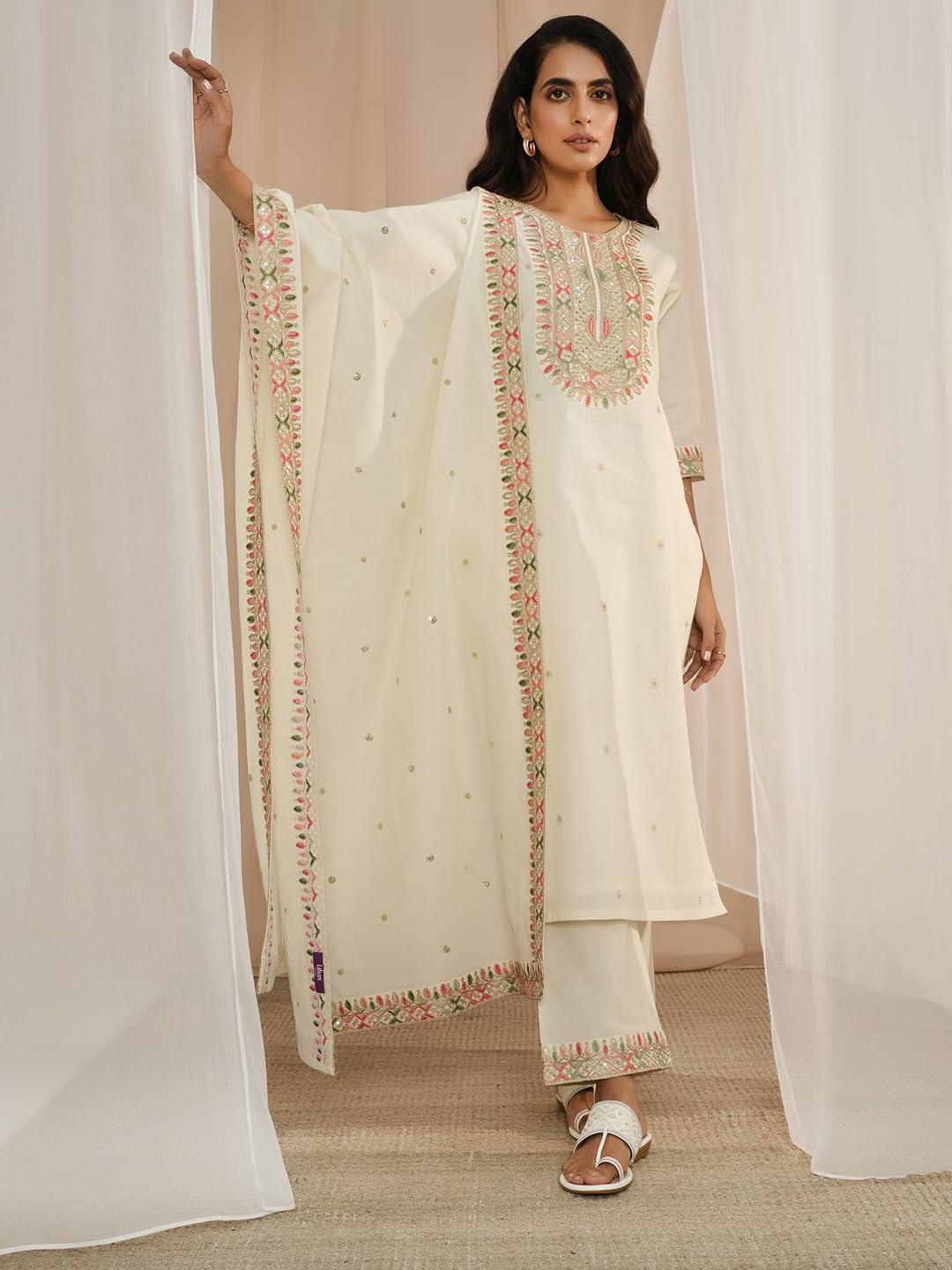 Libas Off White Embroidered Cotton Straight Kurta With Trousers & Dupatta