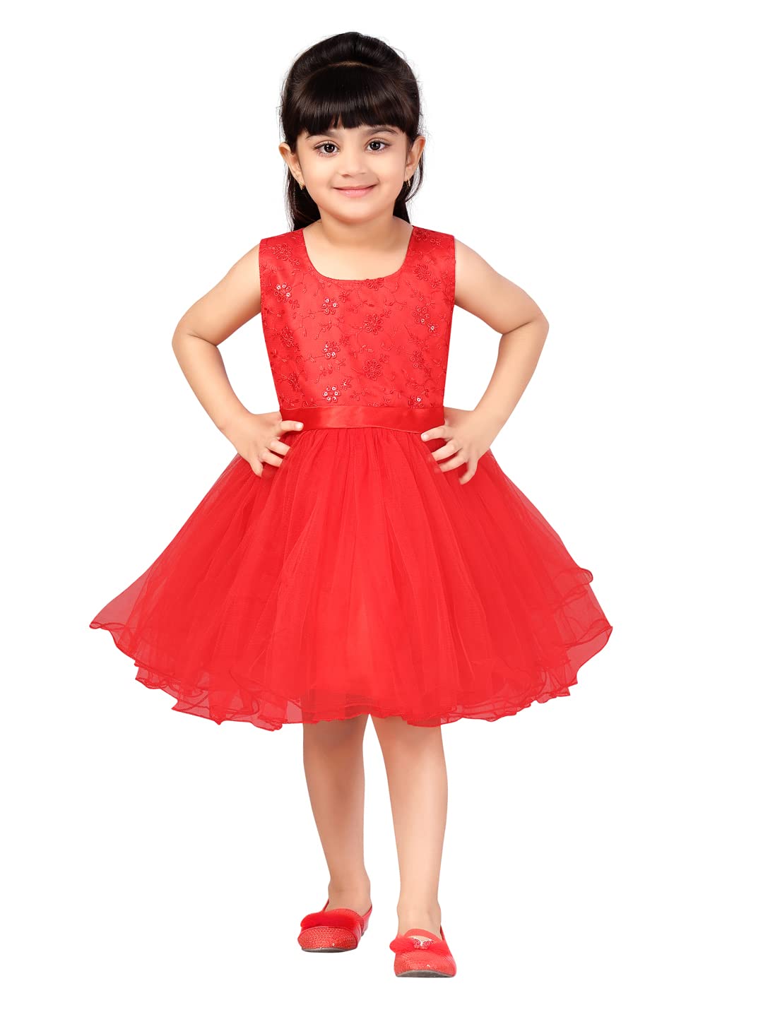 Aarika Baby-GirlS Net Fit And Flare Knee-Length Dress (Fk-Shm-1506_Red