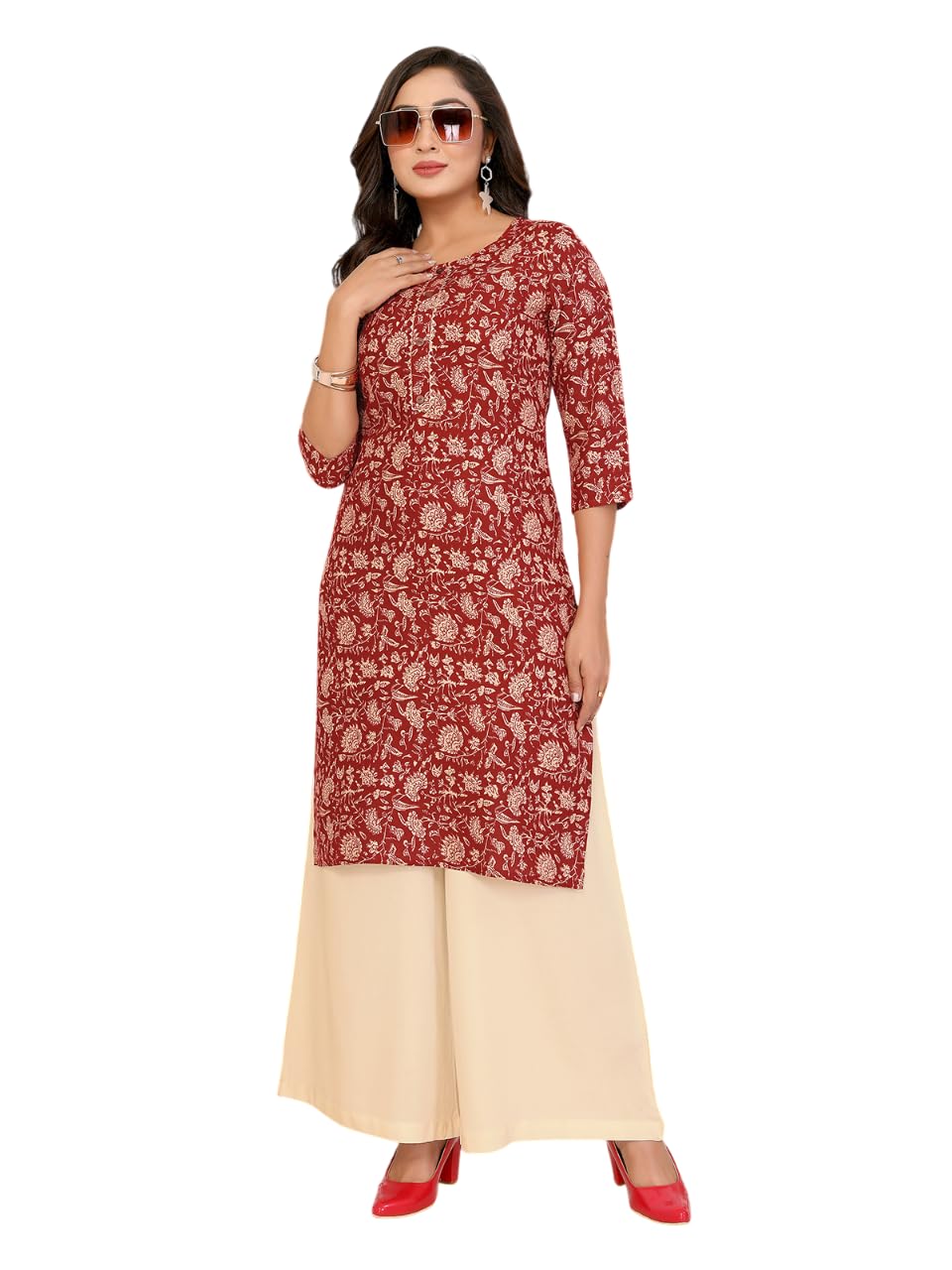 rangita Maroon Rayon Straight Printed Knee Length Kurti | Kurta for Women_S