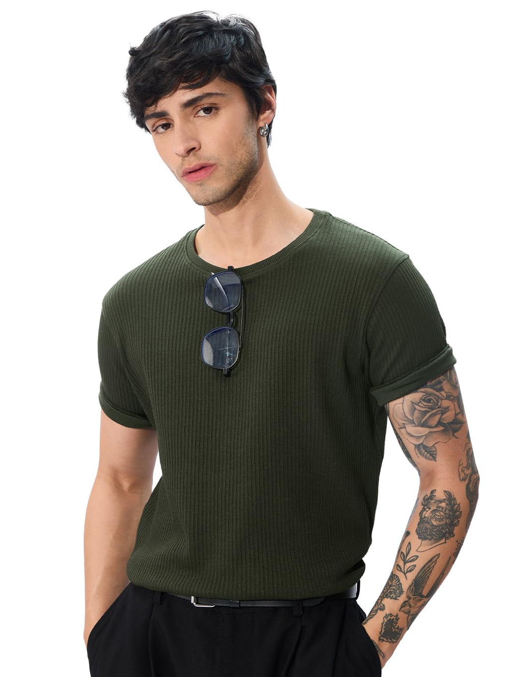 The Souled Store Official Korean T-Shirt: Olive Men and Boys Short Sleeves Round Neck Purple Graphic Printed Regular Fit Cotton 