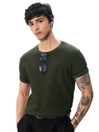 The Souled Store Official Korean T-Shirt: Olive Men and Boys Short Sleeves Round Neck Purple Graphic Printed Regular Fit Cotton 
