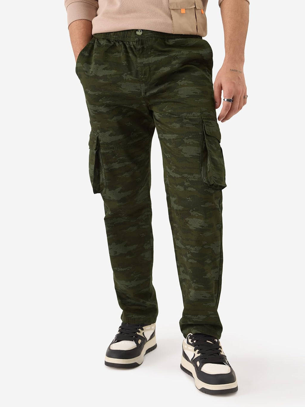 The Souled Store Solids: Light Olive Men and Boys Camouflage Print Regular Fit Cotton Cargo Pants